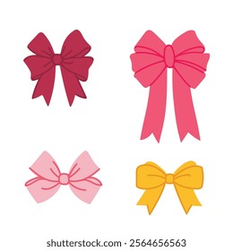 Set of pink and yellow bows on white background. Vector illustration in flat style. Trendy various bows, gift ribbons.