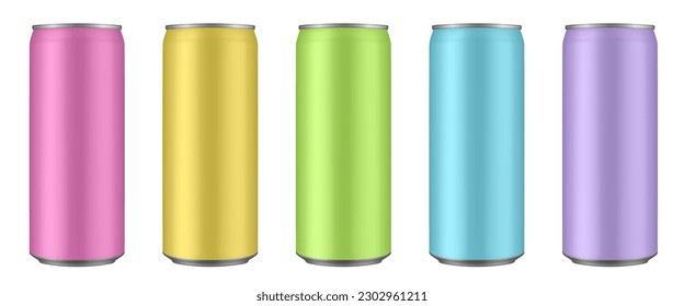 Set of pink, yellow, green, blue and purple tin cans of energy drink, juice or soda. Cocktail of fitness drink. Cold beverages