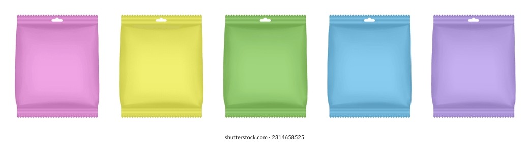 Set of pink, yellow, green, blue and purple flow packs. Candies or snacks. Realistic 3d mockup of a flow pack or sachet. Pouch with a hanging hole