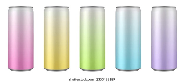 Set of  pink, yellow, green, blue and purple tin cans of energy drink, juice or soda. Cocktail or fitness drink. Cold beverages. Gradient colors