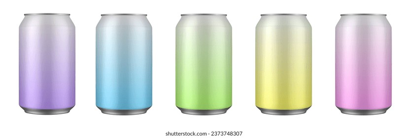 Set of pink, yellow, green, blue and purple tin cans of energy drink, juice or soda. Cocktail or fitness drink. Cold beverages. Gradient colors	