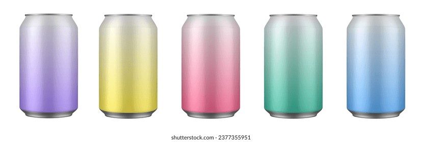 Set of pink, yellow, green, blue and purple tin cans of energy drink, juice or soda. Cocktail or fitness drink. Cold beverages. Gradient colors	