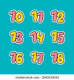 a set of pink and yellow numbers with a black outline, 
from ten to eighteen on a light-blue background, vector