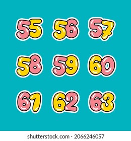 a set of pink and yellow numbers with a black outline, 
from fifty-five to sixty-three on a light-blue background, vector