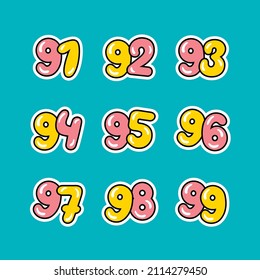 a set of pink and yellow numbers with a black outline, 
from ninety-one to ninety-nine on a light-blue background, vector