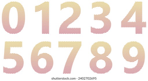 Set of pink and yellow numbers isolated on white. Alphabet with numbers. Vector graphic elements for design. Zigzag lines, wavy lines
