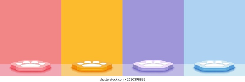 Set of Pink, Yellow, Purple, Blue, scene background with 3d stage podium Cat footprint design. Pedestal with for product display, advertising, show base, pastel color backdrop. Vector illustration.