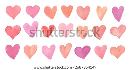 Set of pink, yellow, red, violet watercolor hearts. Love symbol emblem, logo, design element.