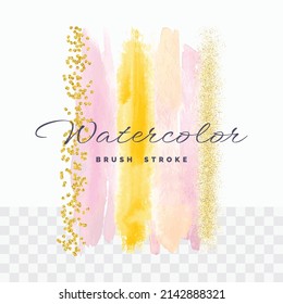 Set of pink, yellow watercolor and gold glitter brush stroke 