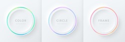 Set Of Pink-blue, Red-purple And Green Illuminate Neon Lighting Circles Frames On White Background. Collection Of Glowing Laser Light Round Lines In Top View. Abstract Vibrant Gradient Color Design.