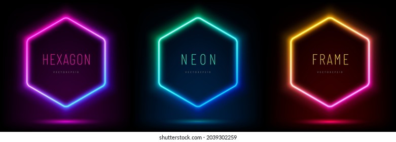 Set of pink-blue, red-purple, green illuminate hexagon frame design. Abstract cosmic vibrant color geometric backdrop. Collection of glowing neon lighting on dark background with copy space. Top view.