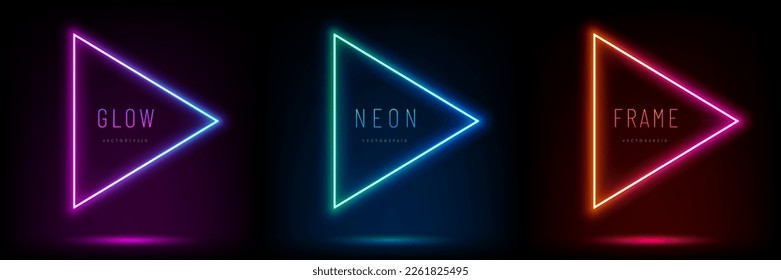 Set pink  blue  red  purple  green illuminate neon triangle frames  Play sign  Abstract cosmic vibrant color geometric design  Collection glowing neon lighting lines top view dark background 