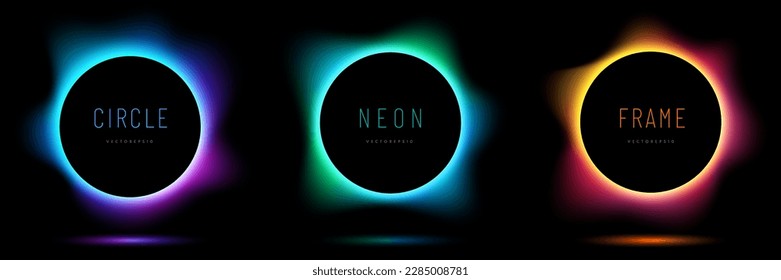 Set of pink-blue, red-purple and green illuminate neon light circles frames. Collection of glowing laser light round lines in top view dark background. Abstract gradient vibrant color geometric board. - Shutterstock ID 2285008781