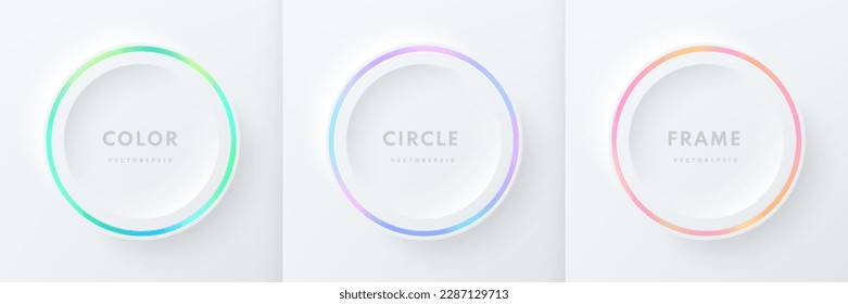 Set of pink-blue, red-purple and green illuminate neon lighting circles frames on white background. Collection of glowing laser light round lines in top view. Abstract vibrant gradient color design. - Shutterstock ID 2287129713
