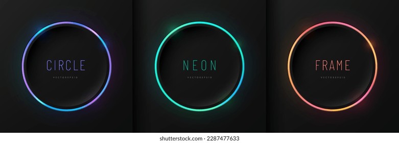 Set of pink-blue, red-purple and green illuminate neon light circles frames on black background. Glowing laser lighting round lines with copy space. Abstract cosmic vibrant color geometric design. - Shutterstock ID 2287477633