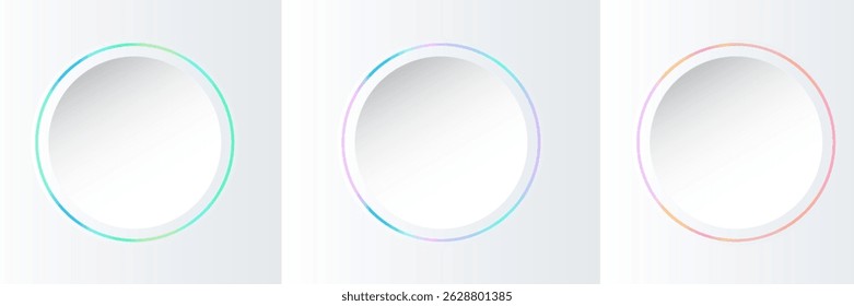 Conjunto de rosa-azul, vermelho-roxo e verde iluminar néon iluminação círculos quadros em fundo branco. Coleção de linhas redondas de luz laser brilhantes na vista superior. Abstrato design de cor vibrante gradiente.