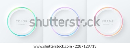 Set of pink-blue, red-purple and green illuminate neon lighting circles frames on white background. Collection of glowing laser light round lines in top view. Abstract vibrant gradient color design. Foto stock © 