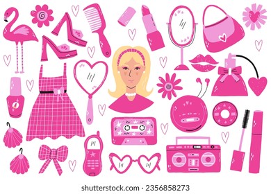 Set Pinkcore Glamorous element decor. Nostalgia Retro 2000s collection in pink hand drawn vector style