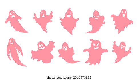 Set of pinky ghost icons, halloween ghosts. Festive decor elements, vector	
