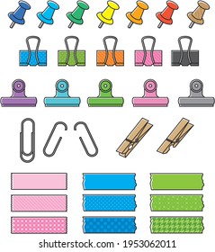 A set of pins, clips, and masking tape