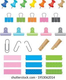 A set of pins, clips, and masking tape