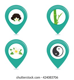 Set of pins with different spa icons on a white background