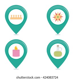 Set of pins with different spa icons on a white background