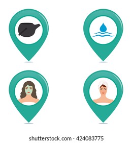 Set of pins with different spa icons on a white background