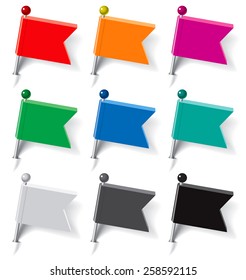 Set of pins in the form of multi-colored flags. Vector illustration