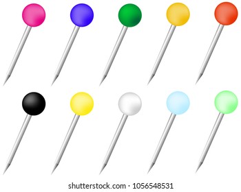 set of pins with heads in different colors vector illustration on white background