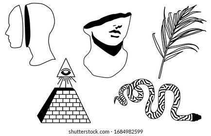 Set of pins, stickers and fashion badges in simple line art tattoo style. The eye of providence, Marble sculpture, palm leaves.