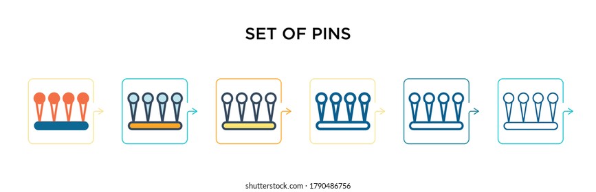 Set of pins vector icon in 6 different modern styles. Black, two colored set of pins icons designed in filled, outline, line and stroke style. Vector illustration can be used for web, mobile, ui