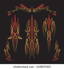 Set Pinstriping art red and yellow color design vintage hand drawn