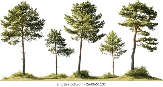 Conjunto de Pinus contorta, pinho lodgepole, pinho da margem, pinho torcido, pinho contorta, ilustração frontal isolada do vetor da árvore, fundo transparente, floresta sempre verde, botânica.