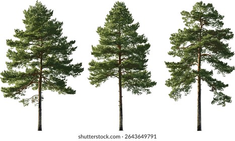 Conjunto de Pinus ponderosa, pinheiro ponderosa, pinheiro amarelo ocidental, pinheiro touro, pinheiro blackjack, recorte isolado de árvore, ilustração vetorial, silvicultura, floresta de coníferas, paisagem natural.