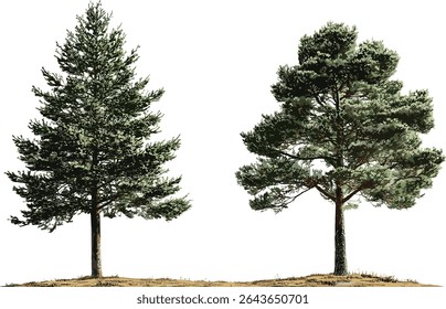 Set of Pinus ponderosa and Pinus radiata tree cutout, vector illustration, isolated conifer trees, forest elements, nature background, botanical clipart, evergreen plants.