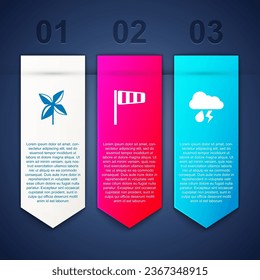 Set Pinwheel, Cone windsock wind vane and Cloud with rain and lightning. Business infographic template. Vector