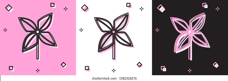 Set Pinwheel icon isolated on pink and white, black background. Windmill toy icon.  Vector Illustration