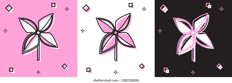 Set Pinwheel icon isolated on pink and white, black background. Windmill toy icon.  Vector Illustration