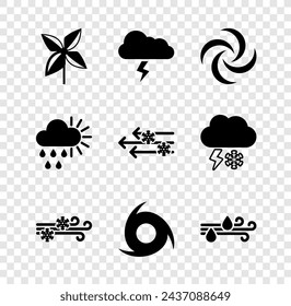Set Pinwheel, Storm, Tornado, Wind and snow, rain, Cloudy with sun and  icon. Vector