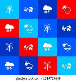 Set Pinwheel, Tornado swirl, Cloud with snow and lightning and snow, rain, sun icon. Vector.