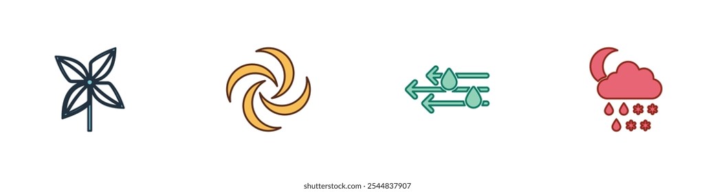 Set Pinwheel, Tornado, Wind and rain and Cloud with snow, rain, moon icon. Vector