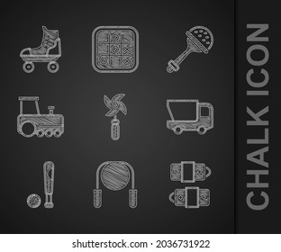 Set Pinwheel Toy, Jump Rope, Battery, Toy Truck, Baseball Bat With Ball, Train, Rattle Baby And Roller Skate Icon. Vector