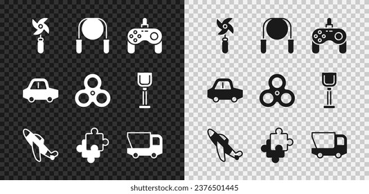 Set Pinwheel toy, Jump rope, Gamepad, Toy plane, Puzzle pieces, truck, car and Fidget spinner icon. Vector svg
