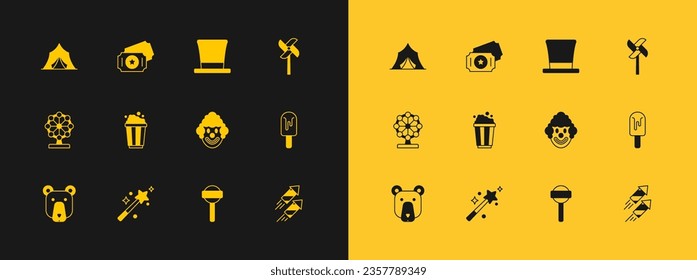Set Pinwheel toy, Magic wand, Clown head, Lollipop, Popcorn cardboard box, Cylinder hat, Circus tent and ticket icon. Vector