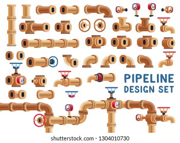 Set for pipeline design. Pipes and valves. Vector illustration.