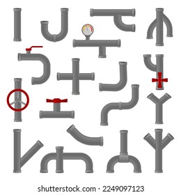 Set of pipelines. Gray Water pipeline elements with valves, joints and connections vector