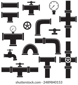 A set of pipelines with taps and water meters. Black stencil icon. Linear illustration. White background. Illustration of a water supply system.