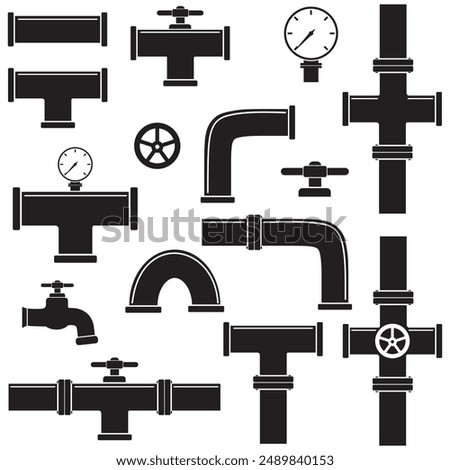 A set of pipelines with taps and water meters. Black stencil icon. Linear illustration. White background. Illustration of a water supply system.