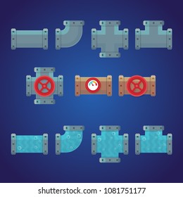 Set of pipes plumbing. Elements for games and mobile applications. Vector illustration in cartoon style.